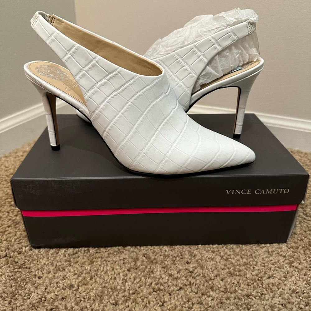 Vince Camuto White Textured Slingback Heels